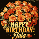 Animated bouquet of orange roses with moving butterfles and golden 'Happy Birthday Jaia' text, surrounded by sparkling accents and a dark backdrop for a luxurious feel.