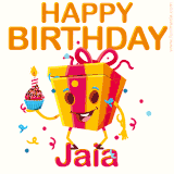 A vibrant and funny gift box character with a happy face dancing with a cupcake and the text 'Happy Birthday Jaia,' surrounded by animated confetti and party vibes.
