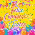 A bright and festive GIF with the text 'Feliz Cumpleaños Jaicee' in Spanish in colorful fonts, surrounded by confetti, balloons, and festive banners on a vibrant yellow background.