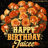 Animated bouquet of orange roses with moving butterfles and golden 'Happy Birthday Jaicee' text, surrounded by sparkling accents and a dark backdrop for a luxurious feel.