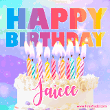 A vibrant animated name GIF with the words 'Happy Birthday Jaicee' with colorful candles on a creamy cake. The background sparkles with pastel shades, adding a festive touch.