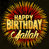 Golden 'Happy Birthday Jailah' text accompanied by animated rainbow fireworks for a festive animated greeting.