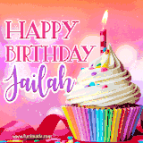 A vibrant birthday GIF featuring a rainbow-colored cupcake topped with white frosting, sprinkles, and a lit candle. The text reads 'Happy Birthday Jailah' in bold pink and violet letters with white outline.