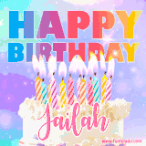 A vibrant animated name GIF with the words 'Happy Birthday Jailah' with colorful candles on a creamy cake. The background sparkles with pastel shades, adding a festive touch.