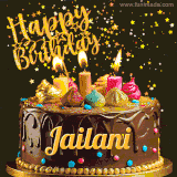 A delightful chocolate birthday cake with bright candles and 'Happy Birthday Jailani' written in gold amidst a shower of animated stars.