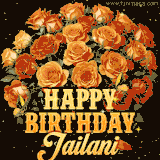 Animated bouquet of orange roses with moving butterfles and golden 'Happy Birthday Jailani' text, surrounded by sparkling accents and a dark backdrop for a luxurious feel.