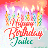 Bright birthday candles with rainbow flames on a cake, alongside the text 'Happy Birthday Jailee' in vibrant script in this celebratory animated GIF.