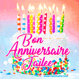 A white birthday cake covered in colorful sprinkles, topped with bright candles, and French text 'Bon Anniversaire Jailee' on a pastel gradient background in an animated GIF.