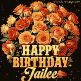 Animated bouquet of orange roses with moving butterfles and golden 'Happy Birthday Jailee' text, surrounded by sparkling accents and a dark backdrop for a luxurious feel.