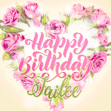 A stunning heart made of pink roses surrounds the elegant script text 'Happy Birthday Jailee' on a soft beige background. Animated sparkles add a magical and festive feel.