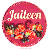 Beautifully decorated red velvet berry birthday cake with vibrant fruits and a glowing 'Jaileen' name, adding a touch of sweetness and sparkle.
