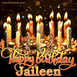 A glowing personalized birthday GIF with name Jaileen featuring lit candles with intricate designs, warm lighting, and the text 'Happy Birthday' in an elegant font.