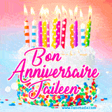 A white birthday cake covered in colorful sprinkles, topped with bright candles, and French text 'Bon Anniversaire Jaileen' on a pastel gradient background in an animated GIF.