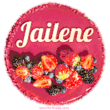 Beautifully decorated red velvet berry birthday cake with vibrant fruits and a glowing 'Jailene' name, adding a touch of sweetness and sparkle.