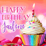 A vibrant birthday GIF featuring a rainbow-colored cupcake topped with white frosting, sprinkles, and a lit candle. The text reads 'Happy Birthday Jailene' in bold pink and violet letters with white outline.