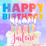A vibrant animated name GIF with the words 'Happy Birthday Jailene' with colorful candles on a creamy cake. The background sparkles with pastel shades, adding a festive touch.
