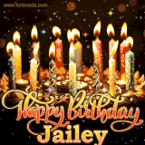 A glowing personalized birthday GIF with name Jailey featuring lit candles with intricate designs, warm lighting, and the text 'Happy Birthday' in an elegant font.