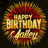 Golden 'Happy Birthday Jailey' text accompanied by animated rainbow fireworks for a festive animated greeting.
