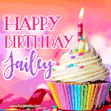 A vibrant birthday GIF featuring a rainbow-colored cupcake topped with white frosting, sprinkles, and a lit candle. The text reads 'Happy Birthday Jailey' in bold pink and violet letters with white outline.