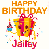 A vibrant and funny gift box character with a happy face dancing with a cupcake and the text 'Happy Birthday Jailey,' surrounded by animated confetti and party vibes.