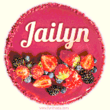 Beautifully decorated red velvet berry birthday cake with vibrant fruits and a glowing 'Jailyn' name, adding a touch of sweetness and sparkle.