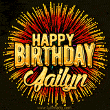 Golden 'Happy Birthday Jailyn' text accompanied by animated rainbow fireworks for a festive animated greeting.