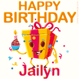 A vibrant and funny gift box character with a happy face dancing with a cupcake and the text 'Happy Birthday Jailyn,' surrounded by animated confetti and party vibes.