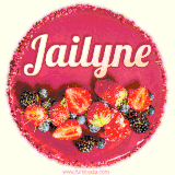 Beautifully decorated red velvet berry birthday cake with vibrant fruits and a glowing 'Jailyne' name, adding a touch of sweetness and sparkle.