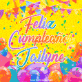 A bright and festive GIF with the text 'Feliz Cumpleaños Jailyne' in Spanish in colorful fonts, surrounded by confetti, balloons, and festive banners on a vibrant yellow background.