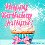 A festive cupcake with pink icing, a gingham bow, and a lit animated sparkler, paired with 'Happy Birthday Jailyne!' in bright pink text.