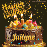 A delightful chocolate birthday cake with bright candles and 'Happy Birthday Jailyne' written in gold amidst a shower of animated stars.