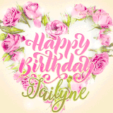 A stunning heart made of pink roses surrounds the elegant script text 'Happy Birthday Jailyne' on a soft beige background. Animated sparkles add a magical and festive feel.