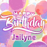 A vibrant name GIF featuring colorful balloons in shades of pink, orange, and yellow with the bold text 'Happy Birthday Jailyne' in festive fonts, creating a lively birthday vibe.