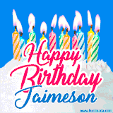 A cheerful animated GIF featuring colorful lit birthday candles on a white cake, with the text 'Happy Birthday Jaimeson' in bold red and blue script on a bright blue background.