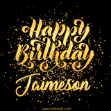 Animated GIF with colorful, festive 'Happy Birthday Jaimeson' text decorated with patterns, a party hat, and falling confetti. A vibrant and cheerful design for birthday celebrations.