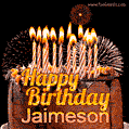 A rich chocolate cake topped with glowing birthday candles and surrounded by bright fireworks. The animated GIF displays the message 'Happy Birthday Jaimeson' in golden text.