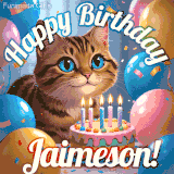 A playful tabby cat sits behind a colorful birthday cake surrounded by balloons and confetti, with 'Happy Birthday Jaimeson!' written above in festive letters.