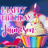A festive animated GIF featuring a colorful cupcake with a single lit candle, sprinkles, and 'Happy Birthday Jaimeson' text against a sparkling, celebratory background.