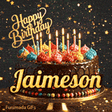 Sparkly birthday GIF of a chocolate frosted cake with burning candles on top and the name Jaimeson in elegant writing.