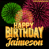 A captivating GIF with bursts of green, pink, and orange fireworks lighting up the night sky, accompanied by 'Happy Birthday Jaimeson' in glowing golden text.