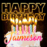 A vibrant animated GIF featuring a delicious birthday cake topped with glowing candles and the name 'Jaimeson' in elegant script, and the words 'Happy Birthday' on the black background.