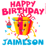 A funny animated birthday GIF with the words 'Happy Birthday Jaimesona', colorful gift box with arms and legs, holding a cupcake with a lit candle  with confetti everywhere.