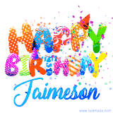 Animated GIF with colorful, festive 'Happy Birthday Jaimeson' text decorated with patterns, a party hat, and falling confetti. A vibrant and cheerful design for birthday celebrations.