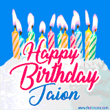 A cheerful animated GIF featuring colorful lit birthday candles on a white cake, with the text 'Happy Birthday Jaion' in bold red and blue script on a bright blue background.