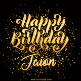 Animated GIF with colorful, festive 'Happy Birthday Jaion' text decorated with patterns, a party hat, and falling confetti. A vibrant and cheerful design for birthday celebrations.