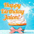 A cheerful animated GIF of a cupcake with creamy frosting, a red checkered ribbon, and a bright sparkler on top. The text 'Happy Birthday Jaion!' is displayed in vibrant orange and red.