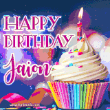 A festive animated GIF featuring a colorful cupcake with a single lit candle, sprinkles, and 'Happy Birthday Jaion' text against a sparkling, celebratory background.