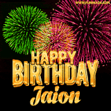 A captivating GIF with bursts of green, pink, and orange fireworks lighting up the night sky, accompanied by 'Happy Birthday Jaion' in glowing golden text.