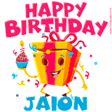 A funny animated birthday GIF with the words 'Happy Birthday Jaiona', colorful gift box with arms and legs, holding a cupcake with a lit candle  with confetti everywhere.