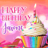 A vibrant birthday GIF featuring a rainbow-colored cupcake topped with white frosting, sprinkles, and a lit candle. The text reads 'Happy Birthday Jaione' in bold pink and violet letters with white outline.